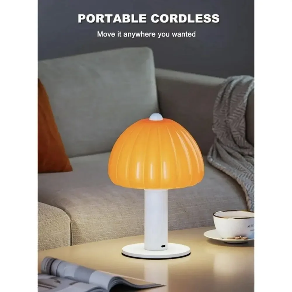 Cordless Mushroom Glass Table Lamp Orange Touch 3-Color LED Rechargeable 7.8”